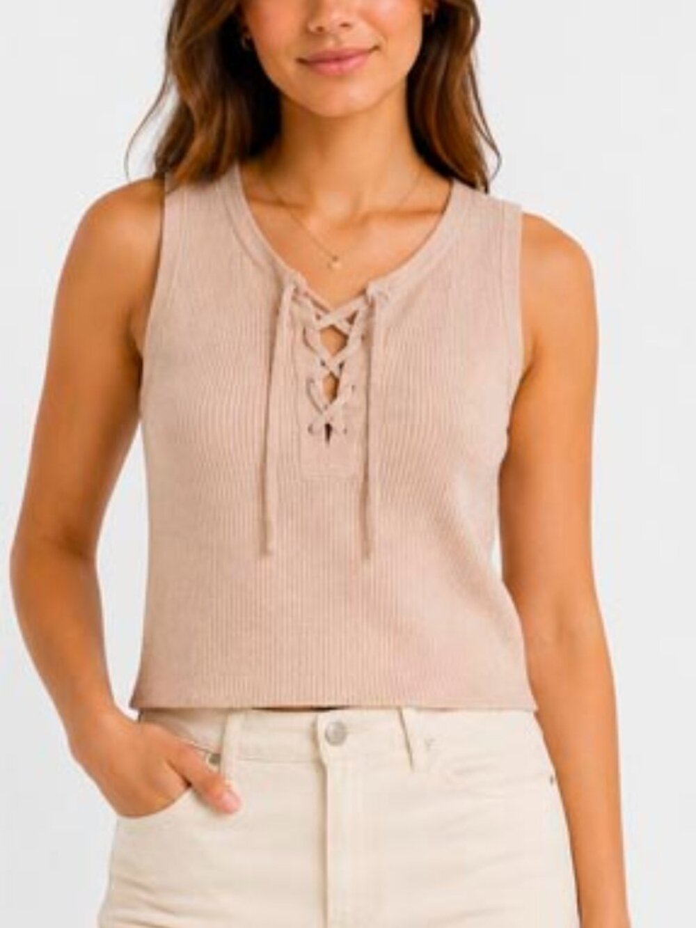 GUESS Women’s Ribbed Knit Lace-Up Sleeveless Top – Size Large
